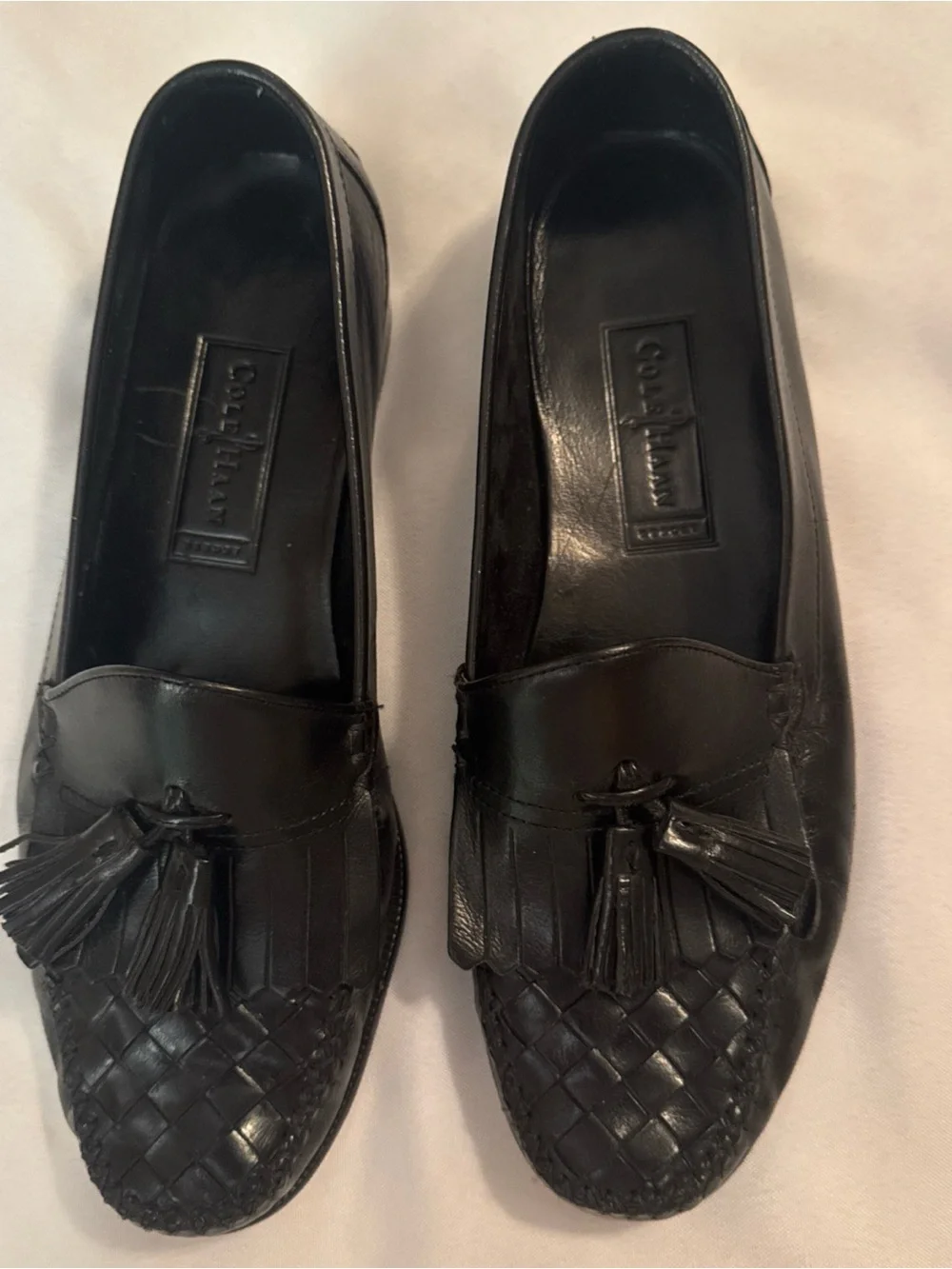 Cole Haan Black Leather Tassel Woven Penny Loafers